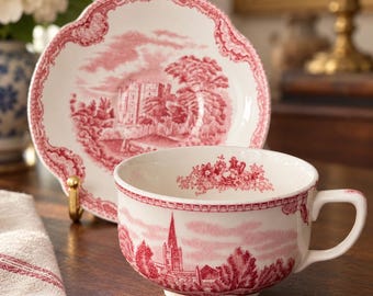 Johnson Brothers Old British Castles Red Transferware Teacup and Saucer, Vintage English Scenic China, Made in England