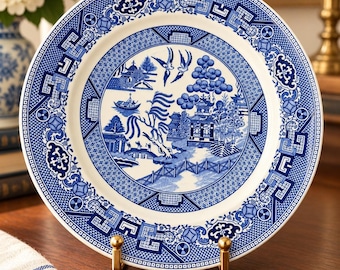 Vintage Homer Laughlin Blue Willow Plate, 9 Inch Blue and White Transferware, Made in USA 1945, Scenic China