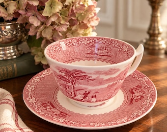 Royal Staffordshire Jenny Lind 1795 Red Transferware Cup and Saucer, Vintage English Pottery, Romantic Red and White China