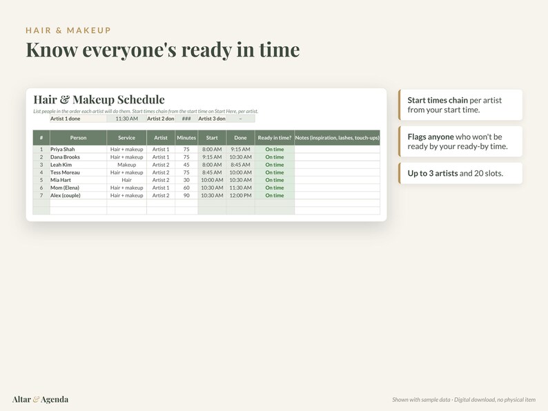 Wedding Party Organizer Spreadsheet, Excel & Google Sheets: Bridesmaid Planner, Attire, Hair and Makeup Schedule image 4