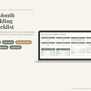Puede incluir: Una hoja de cálculo digital 12-Month Wedding Checklist mostrada en la pantalla de una computadora portátil. La interfaz incluye seguimiento de progreso, categorías de tareas y una lista Up Next. Texto incluye Made for Excel y Altar & Agenda.