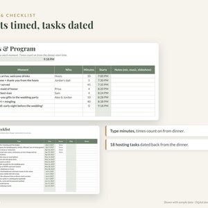 May include: A digital planning template titled Toasts & Checklist with the text Toasts timed, tasks dated. It features a Toasts & Program table with columns for moments and times, and a Hosting Checklist table with 18 dated tasks.