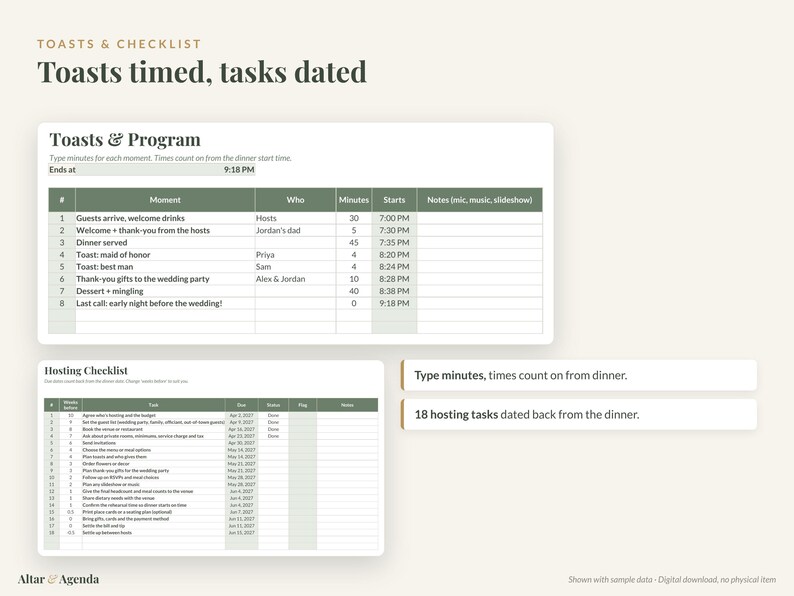 May include: A digital planning template titled Toasts & Checklist with the text Toasts timed, tasks dated. It features a Toasts & Program table with columns for moments and times, and a Hosting Checklist table with 18 dated tasks.