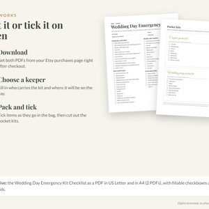 May include: A digital wedding day emergency kit checklist with instructions titled How it works, Print it or tick it on screen. The document includes sections for wardrobe, health, beauty, food, and drink, plus printable pocket kits.
