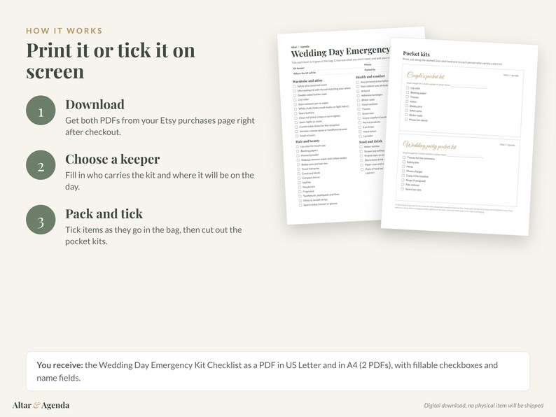 May include: A digital wedding day emergency kit checklist with instructions titled How it works, Print it or tick it on screen. The document includes sections for wardrobe, health, beauty, food, and drink, plus printable pocket kits.