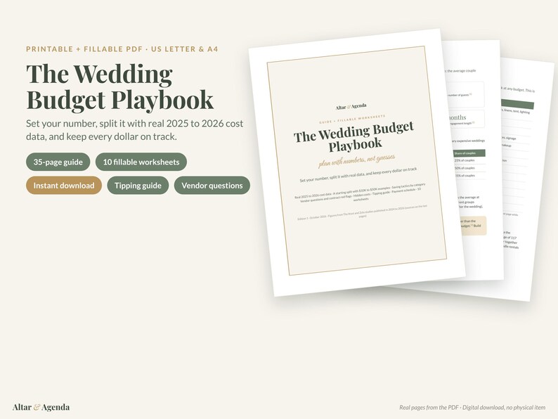 Peut inclure: Un planificateur de budget de mariage num&eacute;rique intitul&eacute; The Wedding Budget Playbook, comprenant un guide de 35 pages et 10 feuilles de calcul remplissables. Le document inclut des donn&eacute;es de co&ucirc;ts 2025-2026, un guide de pourboires et des questions.