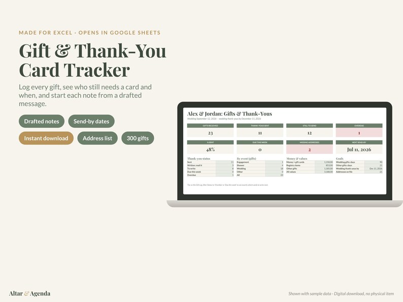 May include: A digital Gift & Thank-You Card Tracker spreadsheet displayed on a laptop screen. The interface includes sections for gifts received, thank-you notes, and send-by dates. Text includes "Made for Excel," "Opens in Google Sheets," and "Alex & Jordan: Gifts & Thank-Yous."
