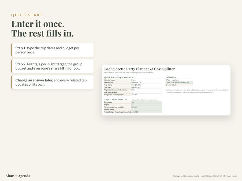 May include: A digital bachelorette party planner and cost splitter spreadsheet template. The interface displays fields for trip details, budget, and automated calculations. Text includes Quick Start, Enter it once, The rest fills in.