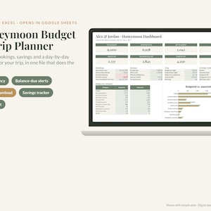 Op de afbeelding: Een digitaal dashboard voor het plannen van een huwelijksreisbudget en reis op een laptopscherm. De interface bevat tabellen, grafieken en overzichten voor besparingen en uitgaven. Tekst: Honeymoon Budget & Trip Planner.
