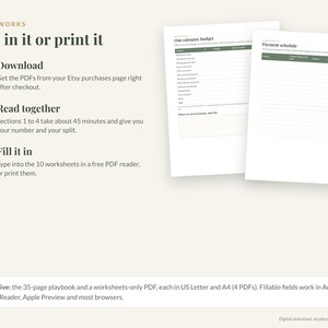 Peut inclure: Un guide num&eacute;rique intitul&eacute; How it works: Type in it or print it, pr&eacute;sentant trois &eacute;tapes num&eacute;rot&eacute;es pour t&eacute;l&eacute;charger, lire et remplir des feuilles de travail PDF. Deux pages d'exemple, Our category budget et Payment schedule, sont affich&eacute;es.