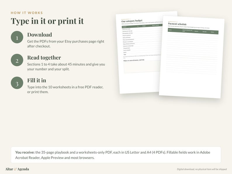 Peut inclure: Un guide num&eacute;rique intitul&eacute; How it works: Type in it or print it, pr&eacute;sentant trois &eacute;tapes num&eacute;rot&eacute;es pour t&eacute;l&eacute;charger, lire et remplir des feuilles de travail PDF. Deux pages d'exemple, Our category budget et Payment schedule, sont affich&eacute;es.