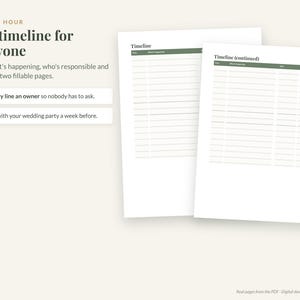 May include: Two white fillable pages featuring a wedding timeline template. The text reads: HOUR BY HOUR, One timeline for everyone, Time, what's happening, who's responsible and where, on two fillable pages, Give every line an owner so nobody has to ask, Share it with your wedding party a week before, Timeline, and Timeline (continued).