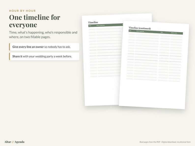 May include: Two white fillable pages featuring a wedding timeline template. The text reads: HOUR BY HOUR, One timeline for everyone, Time, what's happening, who's responsible and where, on two fillable pages, Give every line an owner so nobody has to ask, Share it with your wedding party a week before, Timeline, and Timeline (continued).