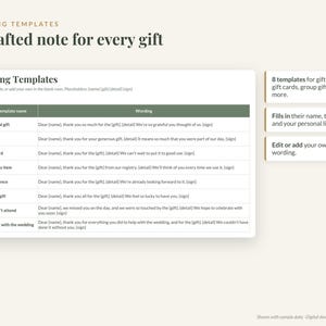 May include: A digital document titled Wording Templates featuring a table with eight rows of text for gift notes. The table includes columns for template name and wording, with placeholders like name, gift, detail, and sign. Three text boxes list features.