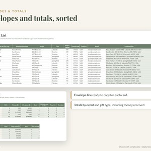 May include: A digital spreadsheet template titled Addresses & Totals, Envelopes and totals, sorted. It features an Address List table with columns for names, addresses, and emails, plus a Summary section with tables for event and gift type data.
