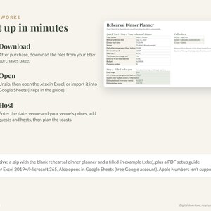 May include: A digital Rehearsal Dinner Planner spreadsheet template featuring three steps: download, open, and host. The interface includes a sample budget tracker, cell color legend, and instructions for Excel and Google Sheets compatibility.