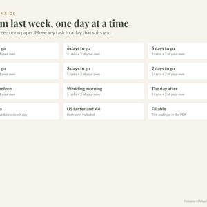 May include: A digital planner page titled A calm last week, one day at a time. It features a grid of white rectangular boxes with task lists for 7 days to go, 6 days to go, 5 days to go, 4 days to go, 3 days to go, 2 days to go, the day before, wedding morning, and the day after.