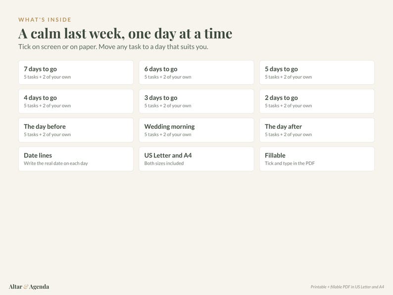 May include: A digital planner page titled A calm last week, one day at a time. It features a grid of white rectangular boxes with task lists for 7 days to go, 6 days to go, 5 days to go, 4 days to go, 3 days to go, 2 days to go, the day before, wedding morning, and the day after.
