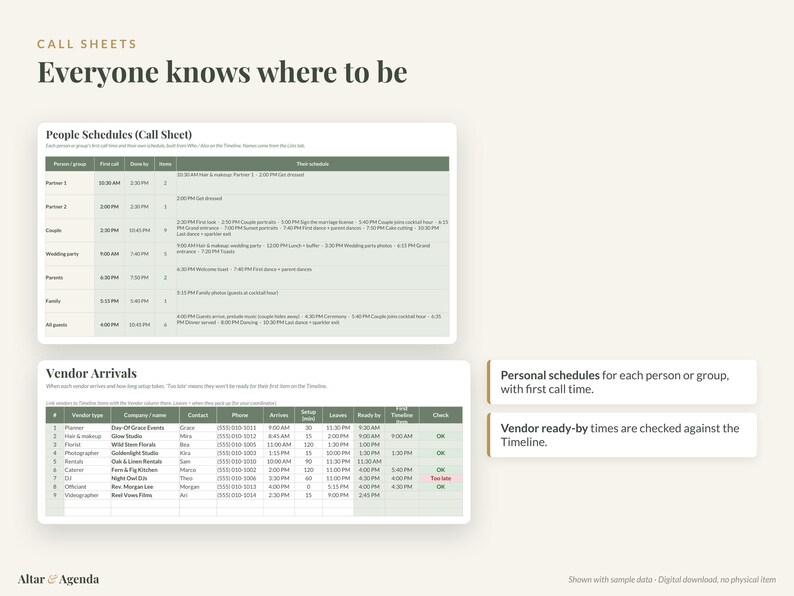 Puede incluir: Una plantilla digital de hoja de ruta para bodas con dos tablas: People Schedules y Vendor Arrivals. El documento incluye columnas para nombres, horarios y tareas, con encabezados en verde salvia y texto en blanco. El texto dice Call Sheets, Everyone knows where to be, Altar & Agenda, e incluye datos de muestra.