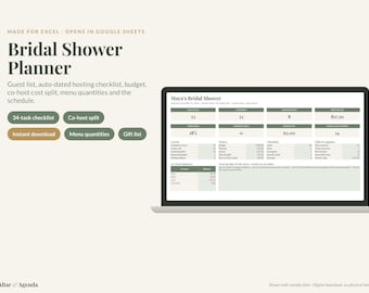 May include: A digital bridal shower planner template displayed on a laptop screen, featuring sections for a guest list, budget, co-host cost split, menu quantities, and a 34-task checklist. The interface includes data tables and summary metrics.