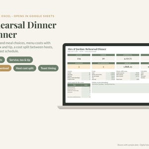 May include: A digital Rehearsal Dinner Planner spreadsheet displayed on a laptop screen. The interface includes sections for guest lists, meal counts, menu costs with service, tax and tip, host cost splits, and a toast schedule. Text includes Made for Excel, Opens in Google Sheets, and Altar & Agenda.
