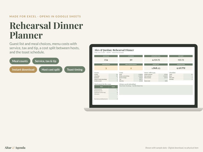 May include: A digital Rehearsal Dinner Planner spreadsheet displayed on a laptop screen. The interface includes sections for guest lists, meal counts, menu costs with service, tax and tip, host cost splits, and a toast schedule. Text includes Made for Excel, Opens in Google Sheets, and Altar & Agenda.