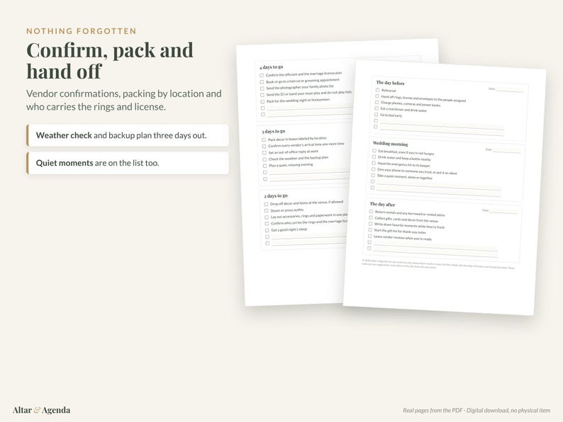 May include: A digital wedding planning checklist titled Nothing Forgotten: Confirm, pack and hand off. The document features two white pages with black text, checkboxes, and sections for tasks to complete four days, three days, and one day before the wedding.