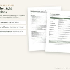 Peut inclure: Un guide de planification num&eacute;rique intitul&eacute; Book With Confidence: Ask the right questions, pr&eacute;sentant deux pages imprim&eacute;es. Le contenu inclut 29 questions aux prestataires, 10 points de vigilance contractuels et une fiche de comparaison.