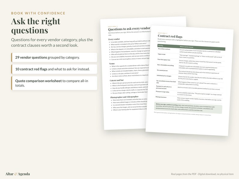 Peut inclure: Un guide de planification num&eacute;rique intitul&eacute; Book With Confidence: Ask the right questions, pr&eacute;sentant deux pages imprim&eacute;es. Le contenu inclut 29 questions aux prestataires, 10 points de vigilance contractuels et une fiche de comparaison.
