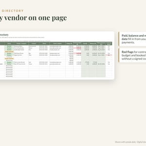 Op de afbeelding: Een digitaal spreadsheet-sjabloon voor een leverancierslijst met kolommen voor categorie, status, leveranciersnaam, contactgegevens, budget, contracttotaal, betaald bedrag, saldo en vervaldatum van de volgende betaling.