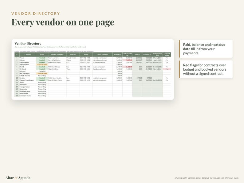 Op de afbeelding: Een digitaal spreadsheet-sjabloon voor een leverancierslijst met kolommen voor categorie, status, leveranciersnaam, contactgegevens, budget, contracttotaal, betaald bedrag, saldo en vervaldatum van de volgende betaling.