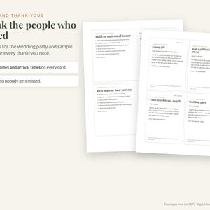 May include: A set of printable wedding duty cards and thank-you note templates on white paper. The text includes headings like Maid or Matron of Honor, Best man or best person, Group gift, and Wedding party, with fillable fields for names.