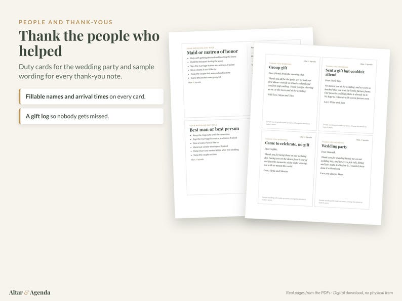 May include: A set of printable wedding duty cards and thank-you note templates on white paper. The text includes headings like Maid or Matron of Honor, Best man or best person, Group gift, and Wedding party, with fillable fields for names.