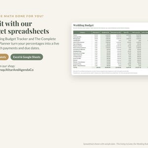 Peut inclure: Un mod&egrave;le de feuille de calcul num&eacute;rique pour budget de mariage pr&eacute;sentant un tableau avec des colonnes pour la cat&eacute;gorie, le pourcentage allou&eacute;, le montant budg&eacute;t&eacute;, le co&ucirc;t estim&eacute;, les d&eacute;penses, le reste &agrave; payer et le statut.
