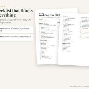 May include: A digital wedding day emergency checklist with 77 items across 8 categories. The document features sections for wardrobe, hair, beauty, tools, paperwork, and weather. Text includes 'Pack it once', 'A checklist that thinks of everything'.