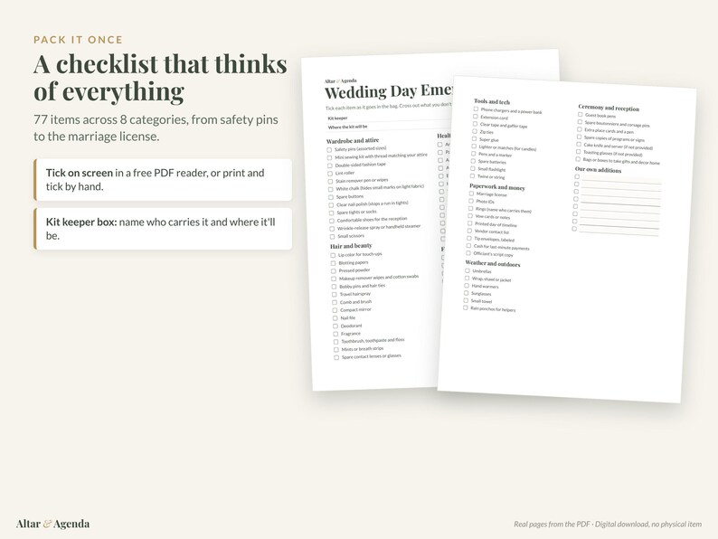 May include: A digital wedding day emergency checklist with 77 items across 8 categories. The document features sections for wardrobe, hair, beauty, tools, paperwork, and weather. Text includes 'Pack it once', 'A checklist that thinks of everything'.