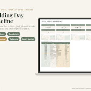 Puede incluir: Una plantilla digital de cronograma para el d&iacute;a de la boda mostrada en una pantalla de computadora port&aacute;til. La interfaz incluye un itinerario, listas de contactos y horarios de proveedores. Texto: 'Wedding Day Timeline'.