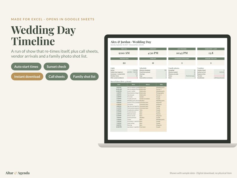 Puede incluir: Una plantilla digital de cronograma para el d&iacute;a de la boda mostrada en una pantalla de computadora port&aacute;til. La interfaz incluye un itinerario, listas de contactos y horarios de proveedores. Texto: 'Wedding Day Timeline'.