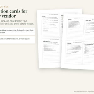 May include: Two white printable pages featuring question cards for wedding vendors. Each card includes numbered lists of inquiries for professionals like florists, DJs, videographers, and officiants, with blank lines for notes.