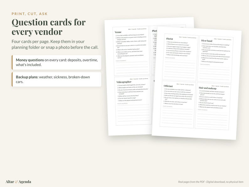 May include: Two white printable pages featuring question cards for wedding vendors. Each card includes numbered lists of inquiries for professionals like florists, DJs, videographers, and officiants, with blank lines for notes.