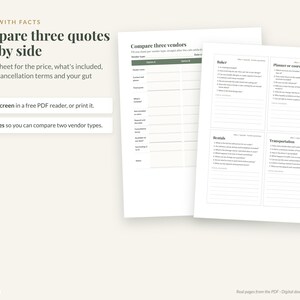 May include: A digital vendor comparison worksheet featuring two white pages with black text. The left page is a table for comparing three vendors, while the right page contains lists of questions for a baker, planner, British, and transportation.