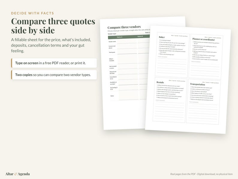 May include: A digital vendor comparison worksheet featuring two white pages with black text. The left page is a table for comparing three vendors, while the right page contains lists of questions for a baker, planner, British, and transportation.