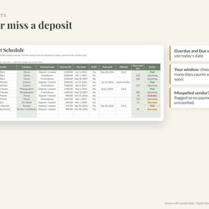 Op de afbeelding: Een digitaal betalingsschema spreadsheet sjabloon getiteld Payments Never miss a deposit. De tabel bevat kolommen voor leverancier, categorie, betalingstype, bedrag, vervaldatum, betaalstatus, betaaldatum, methode en dagen tot vervaldatum.