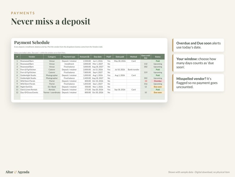Op de afbeelding: Een digitaal betalingsschema spreadsheet sjabloon getiteld Payments Never miss a deposit. De tabel bevat kolommen voor leverancier, categorie, betalingstype, bedrag, vervaldatum, betaalstatus, betaaldatum, methode en dagen tot vervaldatum.