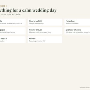 May include: A digital wedding planning document titled Everything for a calm wedding day. It lists features including key details, timeline pages, vendor arrivals, notes box, and fillable PDF options in US Letter and A4 sizes.