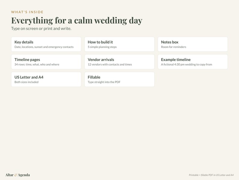 May include: A digital wedding planning document titled Everything for a calm wedding day. It lists features including key details, timeline pages, vendor arrivals, notes box, and fillable PDF options in US Letter and A4 sizes.