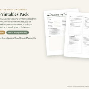 May include: A digital wedding planning printable pack featuring six documents including an emergency kit, vendor question cards, a day-of timeline, a wedding week countdown, thank-you wording cards, and wedding party duty cards.