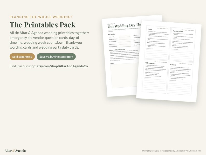 May include: A digital wedding planning printable pack featuring six documents including an emergency kit, vendor question cards, a day-of timeline, a wedding week countdown, thank-you wording cards, and wedding party duty cards.