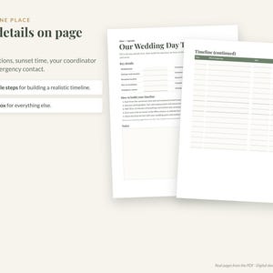 May include: A digital wedding planning document featuring two white pages with black text. The first page is titled Our Wedding Day and includes sections for key details, timeline steps, and notes. The second page is a continuation of the timeline.