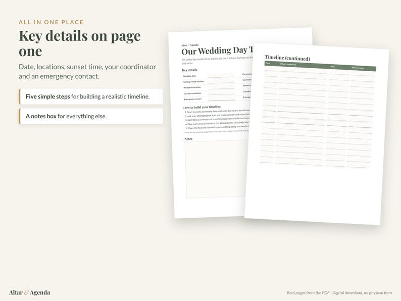 May include: A digital wedding planning document featuring two white pages with black text. The first page is titled Our Wedding Day and includes sections for key details, timeline steps, and notes. The second page is a continuation of the timeline.